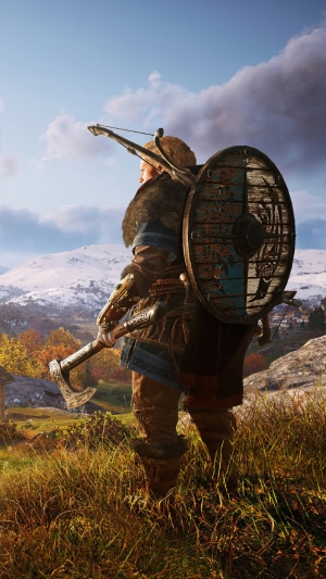 Eivor from Assassin's Creed Valhalla with axe and shield