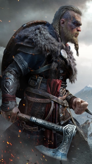Eivor from Assassins Creed Valhalla holding an axe