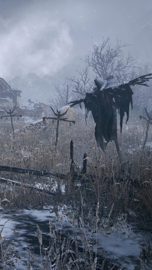Resident Evil Village scarecrows in a snowy field