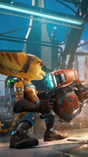 Ratchet from Ratchet & Clank: Rift Apart holding a weapon