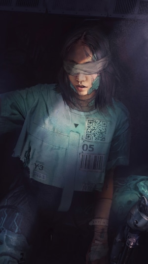 Woman with blindfold and cybernetic arm