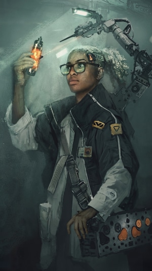 Woman with cybernetic arm holding glowing vial
