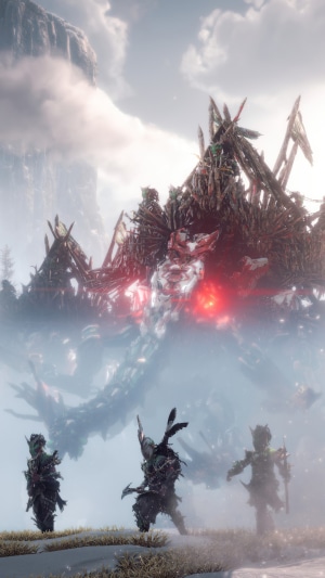 Horizon Forbidden West characters facing a large machine