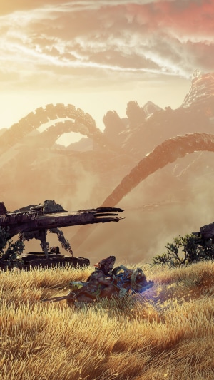 Aloy from Horizon Forbidden West in a grassy field
