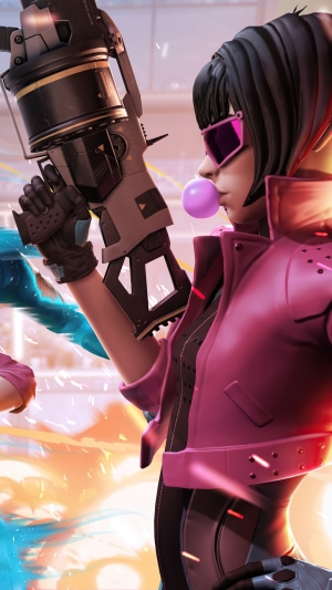 Character from Quantum League with a gun and bubblegum