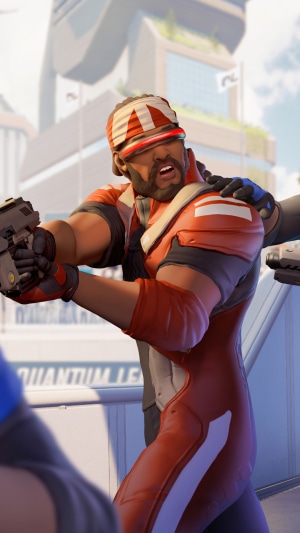Character from Quantum League holding a gun