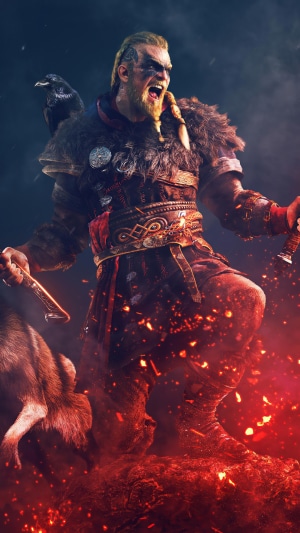 Eivor from Assassins Creed Valhalla with Raven and Wolf