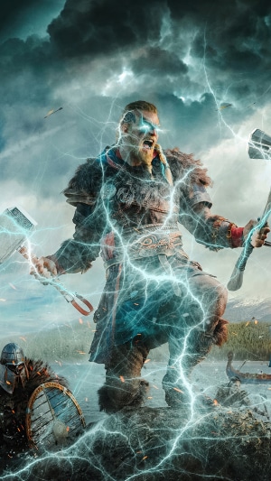 Eivor from Assassin's Creed Valhalla with Mjolnir and Axe