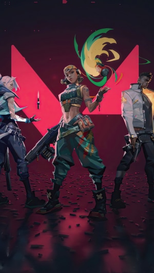 Valorant characters Raze, Jett, and Phoenix in front of logo