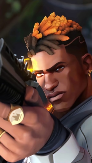 Phoenix from Valorant holding a rifle