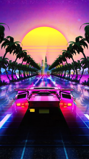 Synthwave Sports Car Driving Towards City at Sunset