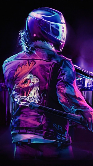 Man in Motorcycle Helmet with Eagle Jacket and Baseball Bat