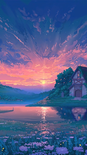 Sunrise Over Tranquil Lake and Cottage Landscape