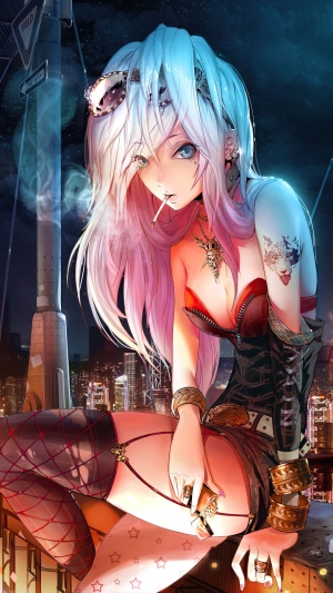 Anime girl with pink and white hair smoking a cigarette