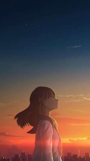 Anime girl looking at the sunset over a city