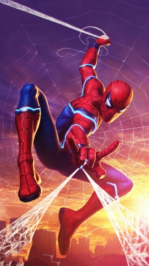 Spider-Man swinging through a city at sunset