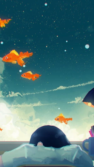 Goldfish swimming in the sky above a sleeping person