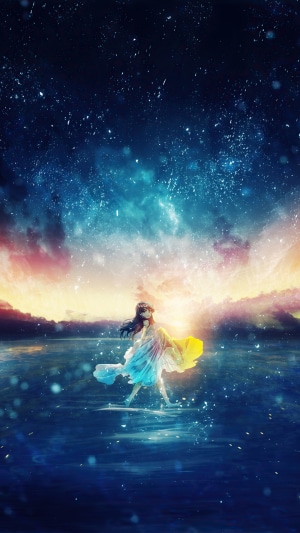 Anime girl walking in water under starry sunset sky