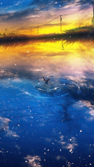 Anime sunset reflection with a bird on the water