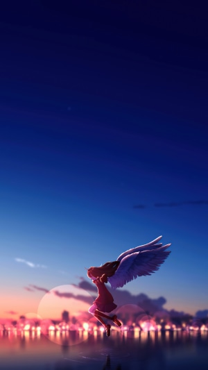 Anime girl with wings flying over a city at sunset