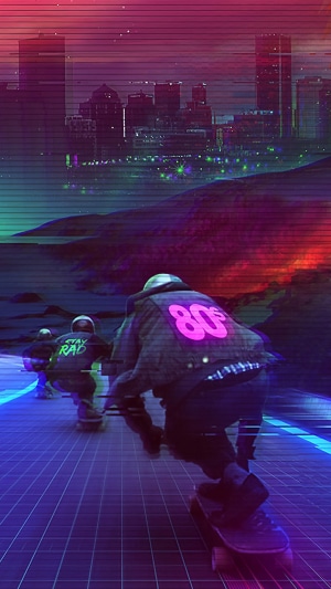 Skateboarders in a retro-futuristic city at night