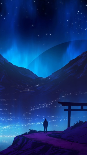 Silhouette of a person under the aurora borealis