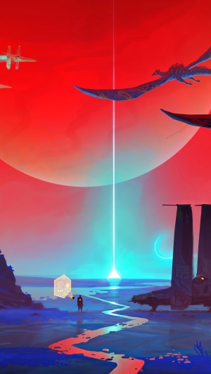 Sci-Fi landscape with flying creatures and spacecraft