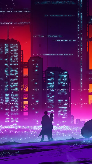 Couple embracing in a futuristic neon city at night