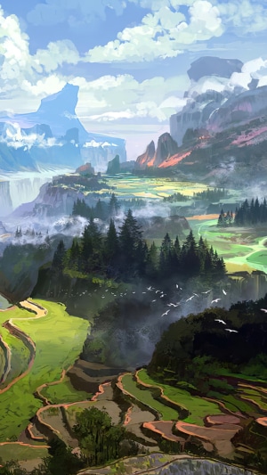 Digital art of terraced rice fields and mountains