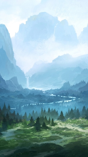Misty Mountains and Forest Landscape Digital Art