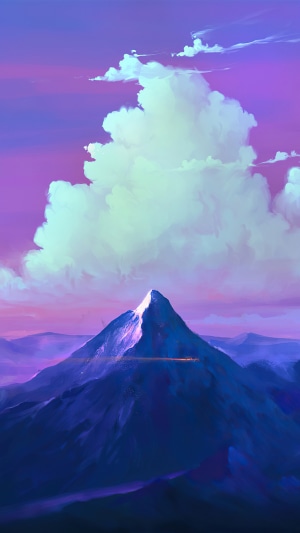 Digital art of a majestic mountain peak under a purple sky with clouds