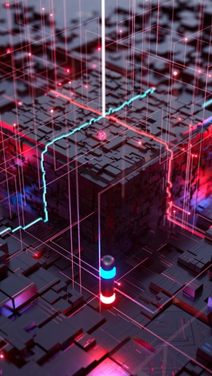 Abstract digital art of a cube with glowing circuits
