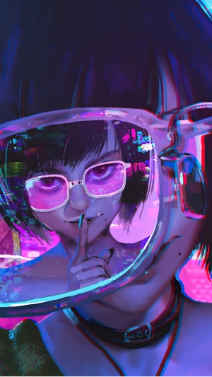 Cyberpunk girl with glasses in neon city