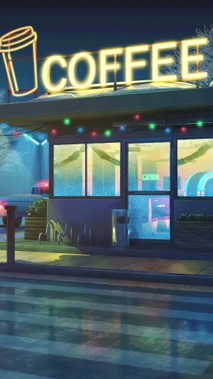 Coffee shop at night with neon sign and Christmas lights