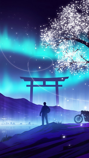 Man with motorcycle and torii gate under aurora