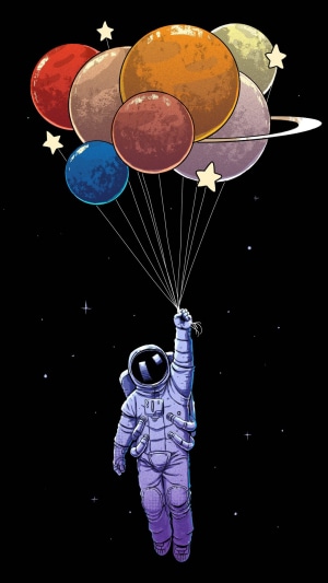 Astronaut holding planet balloons in space