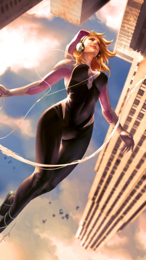 Spider-Gwen from Marvel Comics flying through a city