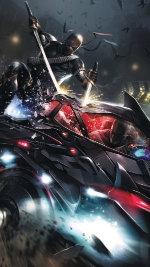 Deathstroke from DC Comics attacking a vehicle