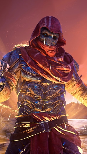Outriders character with red hood and armor