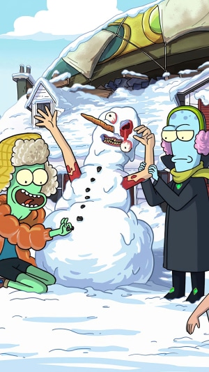 Solar Opposites characters building a bloody snowman