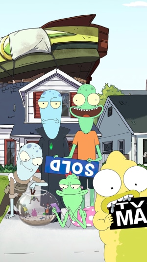 Solar Opposites characters with a sold sign