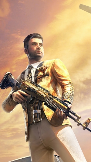 Man in golden suit holding a rifle in PUBG