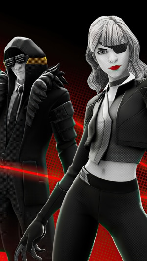 Fortnite characters in black and white with red accents