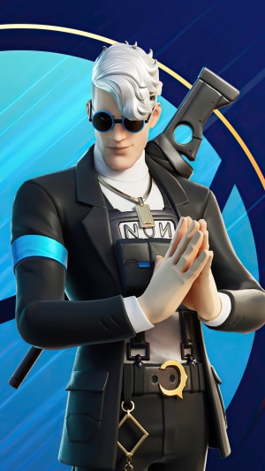 Fortnite character with white hair and sunglasses