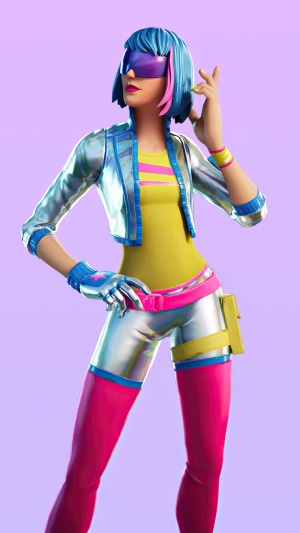 Fortnite character with blue hair and pink accents
