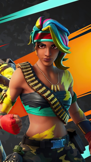 Fortnite character with colorful hair and ammo belt
