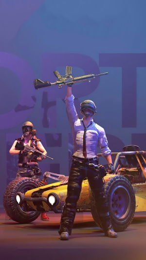 PUBG characters with a vehicle and rifle
