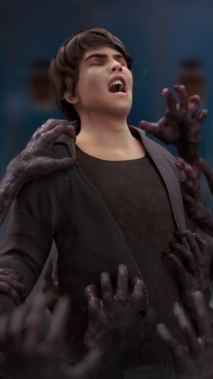 Young man attacked by monstrous hands