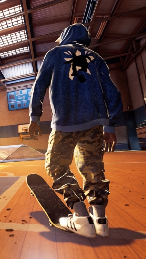 Skateboarder in hoodie and camouflage pants in Tony Hawk's Pro Skater 1 + 2