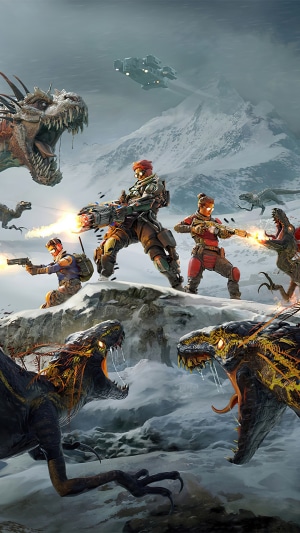 Second Extinction video game characters fighting dinosaurs